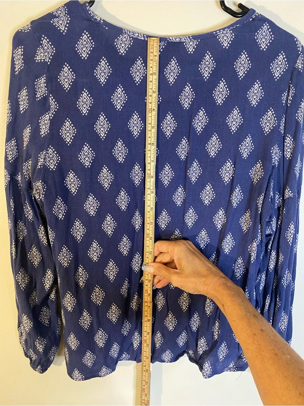 Rue21 Blue Printed V-Neck Long Sleeve Navy Blue Bohemian Top
